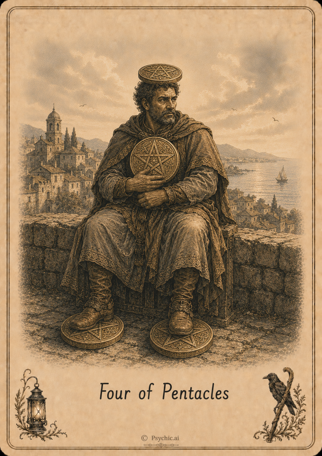 Four of Pentacles tarot card illustration